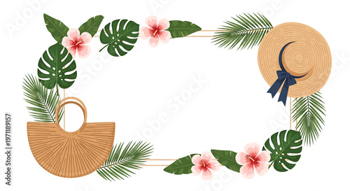 Tropical floral frame with accessories.