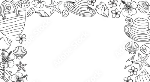 Black and white illustration of seashells and beach accessories border.