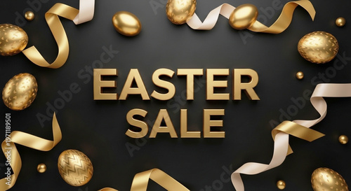 Luxury Easter Sale Promotional Banner with Golden 3D Text Eggs and Ribbons on Elegant Black Background
