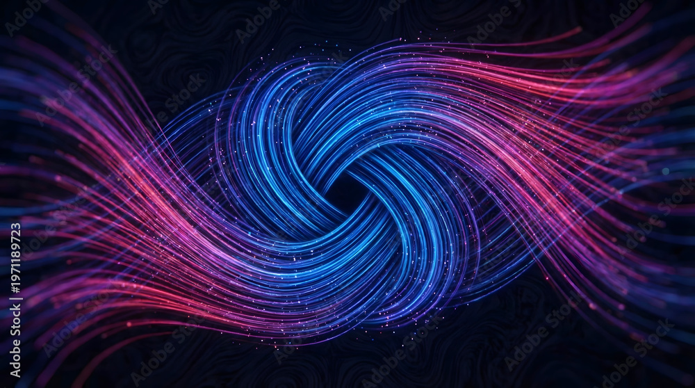 Fototapeta premium Neon light swirls, blue and pink abstract background, glowing lines, dark texture