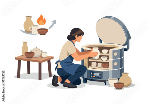 A pottery kiln loading scene where a person carefully places ceramic items into a kiln in a quiet studio environment focused on process and timing, a