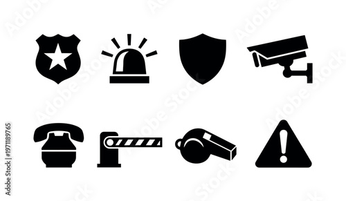 Public safety: police badge, siren light, shield, CCTV camera, emergency phone, barrier gate, whistle, warning sign