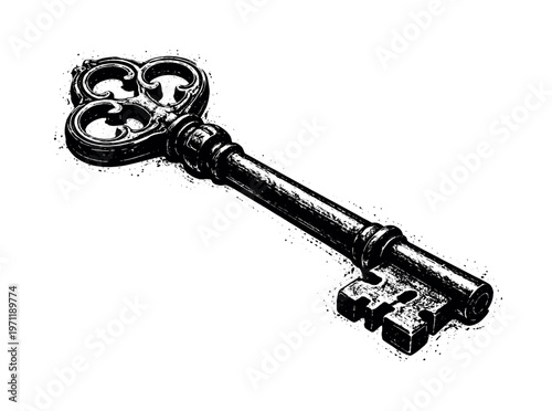 A heavy cast iron key shown in three-quarter perspective, angled so the ornate bow and long shaft extend diagonally across the frame, filling most of