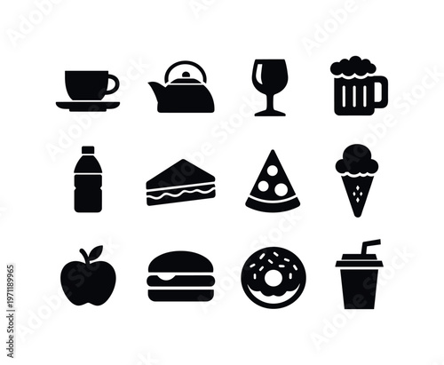 Food and beverages: coffee cup, tea kettle, wine glass, beer mug, water bottle, sandwich, pizza slice, ice cream cone, apple, burger, donut, takeaway