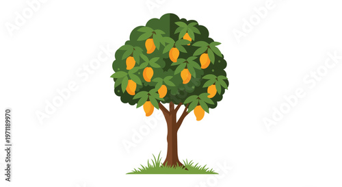 Flat Vector Illustration of a Mango Tree with Ripe Yellow Fruits
