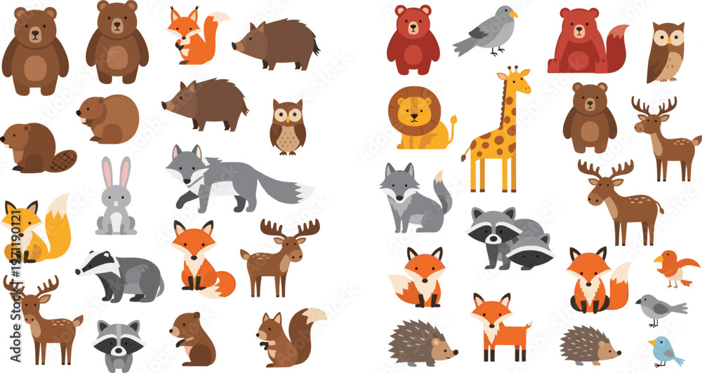 Фотография Forest and Wild Animals Vector Set Featuring Bear, Fox, Deer, Wolf, Giraffe, Lio
