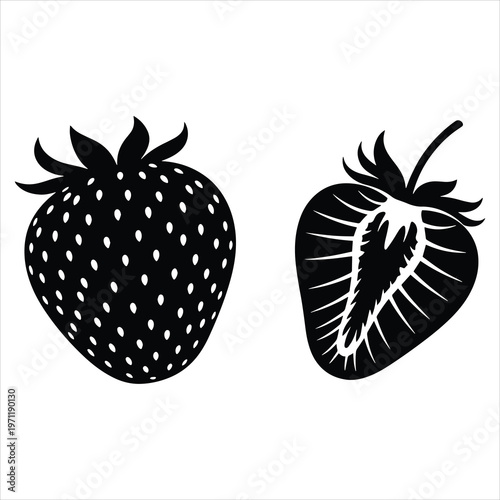 Black Strawberry Silhouette with Leaves and Flower – Minimal Botanical Vector Illustration