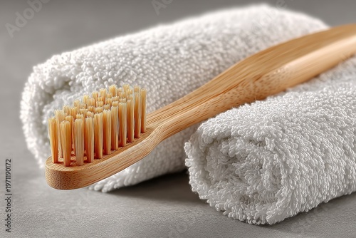 A bamboo toothbrush placed on a soft white towel stack illustrates a minimal bathroom hygiene display for an eco‑friendly oral routine and clean lifestyle