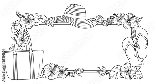 Summer vacation accessories illustration with floral frame.
