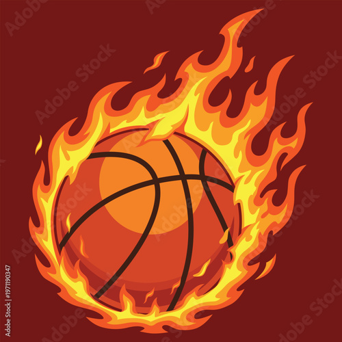 Burning Basketball with Fire Flames Vector Illustration, Hot Sports Energy Concept