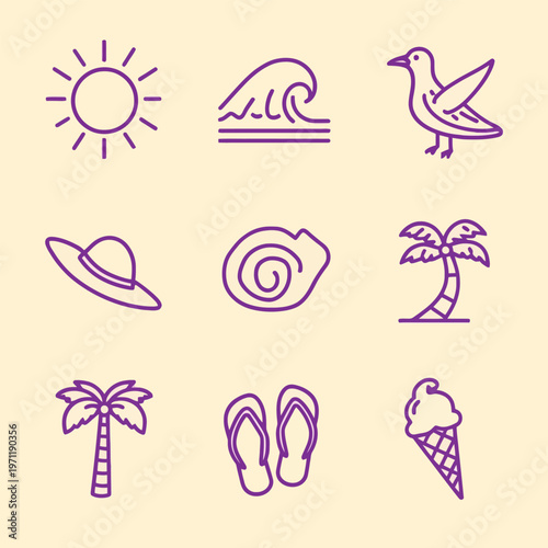 Summer Vacation Icon Set with Beach and Tropical Symbols