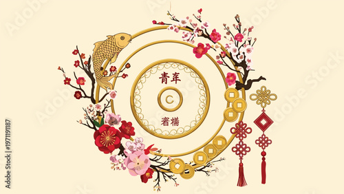 Festive Chinese New Year illustration featuring golden koi fish, blooming cherry blossoms, red knots, and ancient coins on a cream background.