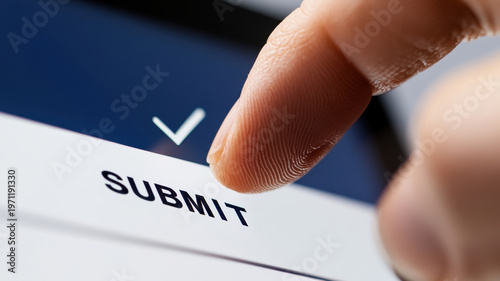 Finger hovering over digital signature field on tablet in blurred office background with submit button