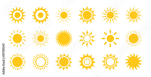 Sun icon set sunset vector. Shine sun ray set. Yellow simple sun, hot, waves, rays, summer, evening, summer weather symbol