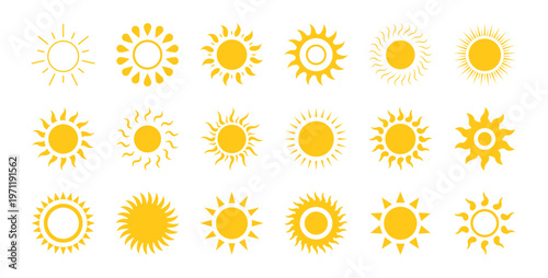 Sun icon set sunset vector. Shine sun ray set. Yellow simple sun, hot, waves, rays, summer, evening, summer weather symbol