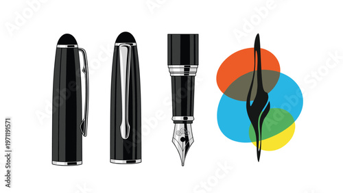 Illustrations of a high quality black fountain pen in several views accompanied by a colorful abstract brand logo on a white background.