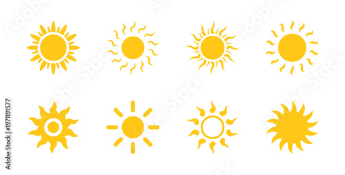 Sun icon set sunset vector. Shine sun ray set. Yellow simple sun, hot, waves, rays, summer, evening, summer weather symbol