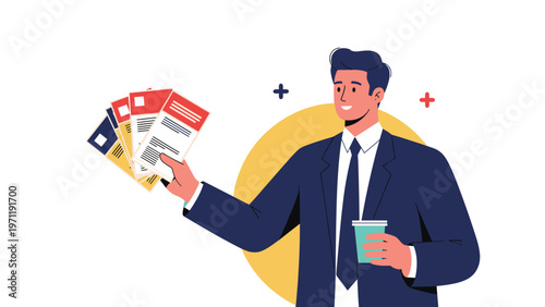 Professional man in a navy blue suit holding several colorful flyers and a coffee cup against a yellow circular background for business.