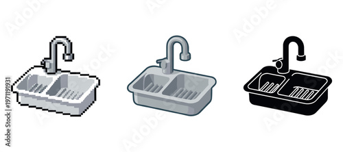 Pixelated, realistic, and silhouette versions of a double kitchen sink