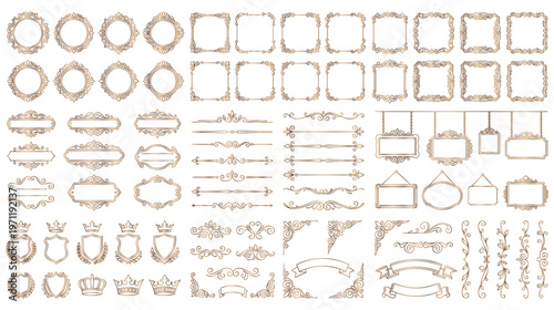 Set of luxury golden vintage frames, borders, dividers, corners, and ribbons.