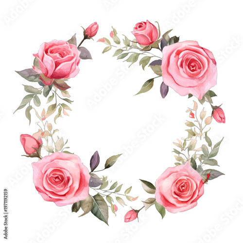 Watercolor pink rose wreath with green leaves and delicate flower buds for wedding invitations