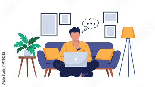 Man sitting cross-legged on a living room floor while working on a laptop computer and thinking about creative ideas at home office.