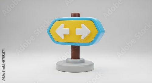 A 3D two-way sign icon in bright yellow and blue. The minimalist design, featuring two opposing white arrows, creates a modern and informative impression against a neutral background.