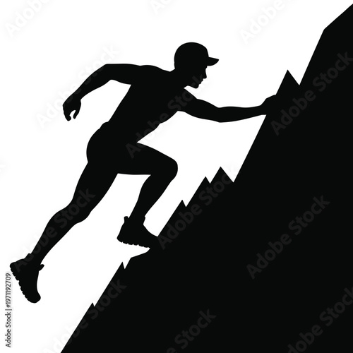 A determined climber ascends a steep rocky slope captured in a striking silhouette