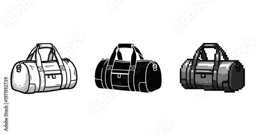 Three styles of duffel bags: sketch, silhouette, pixel art comparison