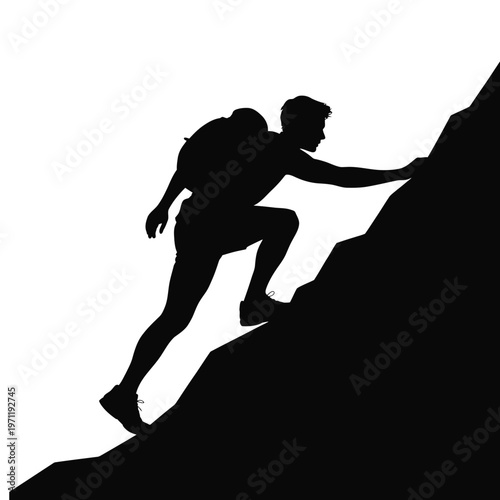 A determined climber ascends a steep rocky slope captured in a striking silhouette