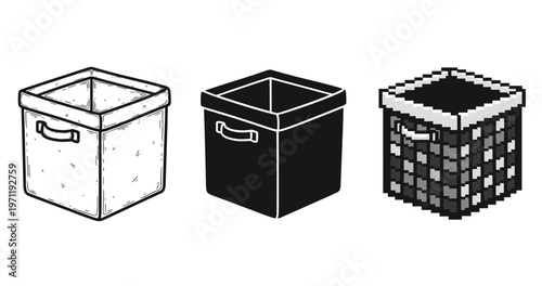 Set of three stylized storage boxes: sketch, solid, pixel art