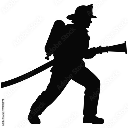 A brave firefighter directs a powerful water stream showcasing courage and duty silhouette