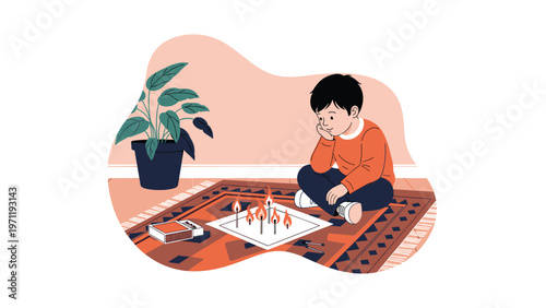 Small boy sitting on a rug playing with burning matches on a piece of paper which represents a dangerous fire hazard at his home.