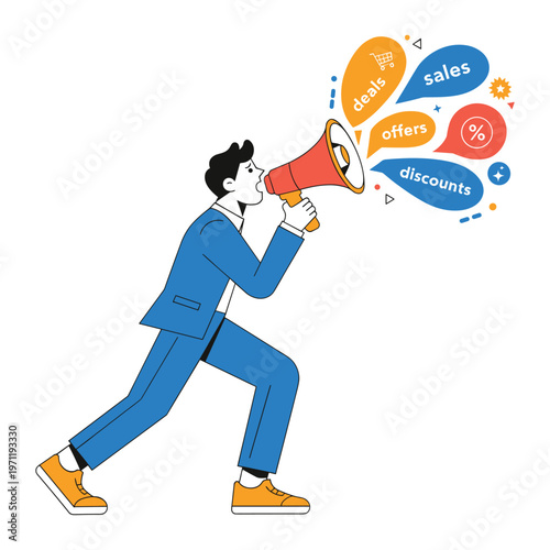 A man in a blue suit announces with a megaphone surrounded by colorful speech bubbles and emojis