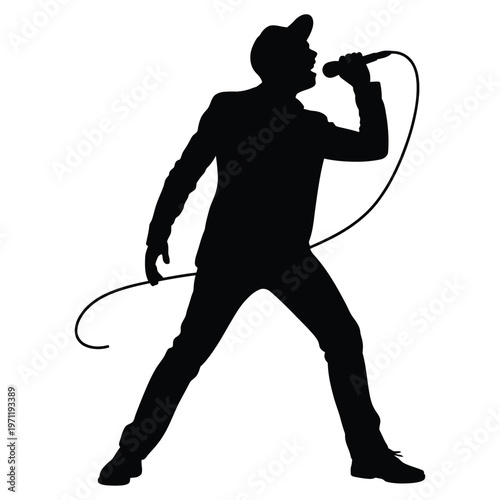 A dynamic singer passionately performing with a microphone and cable presented as a silhouette