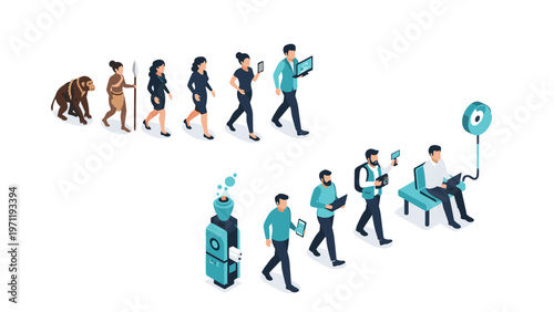 Isometric illustration depicting the evolution of humans from primitive apes to modern office workers using advanced digital technology.