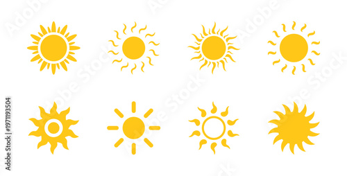 Sun icon set sunset vector. Shine sun ray set. Yellow simple sun, hot, waves, rays, summer, evening, summer weather symbol