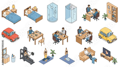 Collection of isometric icons showing various daily life activities such as sleeping showering working eating and exercising at home.