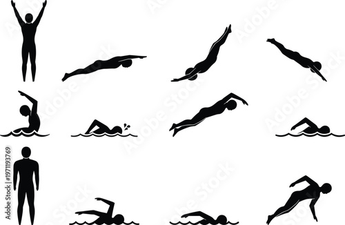 Swimming silhouettes set isolated on white background, swimmer diving and freestyle strokes, aquatic sports illustration, black human figures, fitness design elements