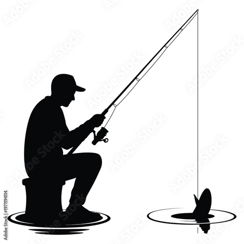 A solitary fisherman sits patiently with his rod casting a line into calm waters silhouette