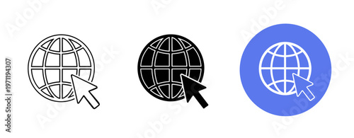 Internet globe icons with cursor in outline, solid, and colored variants