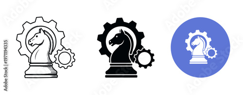 Chess knight with gear in black and white variations