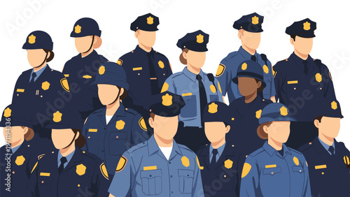 Large squad of dedicated police officers in blue uniforms stand together with serious expressions to represent public safety.