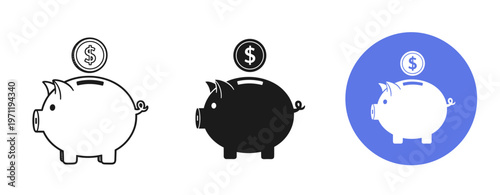 Simplistic piggy bank icons with coin symbols in monochrome and blue variants