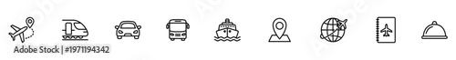 Travel icon transport airplane train car bus ship set of outline symbols for transportation and navigation, including location marker, passport, globe, luggage, hotel bell