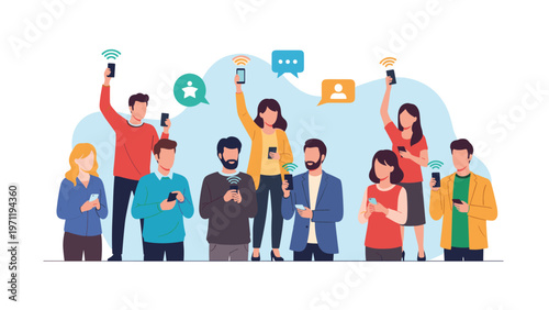 Multicultural group of men and women stand together while being fully engaged with their smartphones and wireless connectivity.