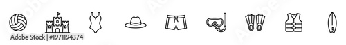 Travel icon set summer vacation beach sport leisure outline symbols with volleyball castle swimsuit hat short snorkel binocular life jacket surfboard for outdoor adventure planning