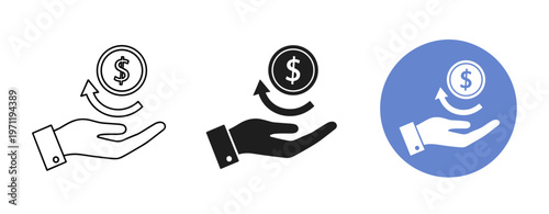 Hand holding coin icon set: line, solid, color variations for financial concepts