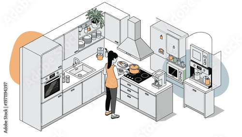 Young woman enjoys her time cooking a healthy meal in a bright and modern kitchen equipped with organized cabinets and appliances.