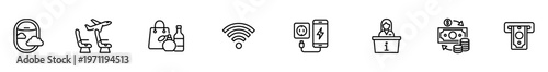 Airport icon outline line travel service amenity terminal set symbol featuring passport seat shopping bag wifi charging outlet information desk currency exchange ticket kiosk baggage